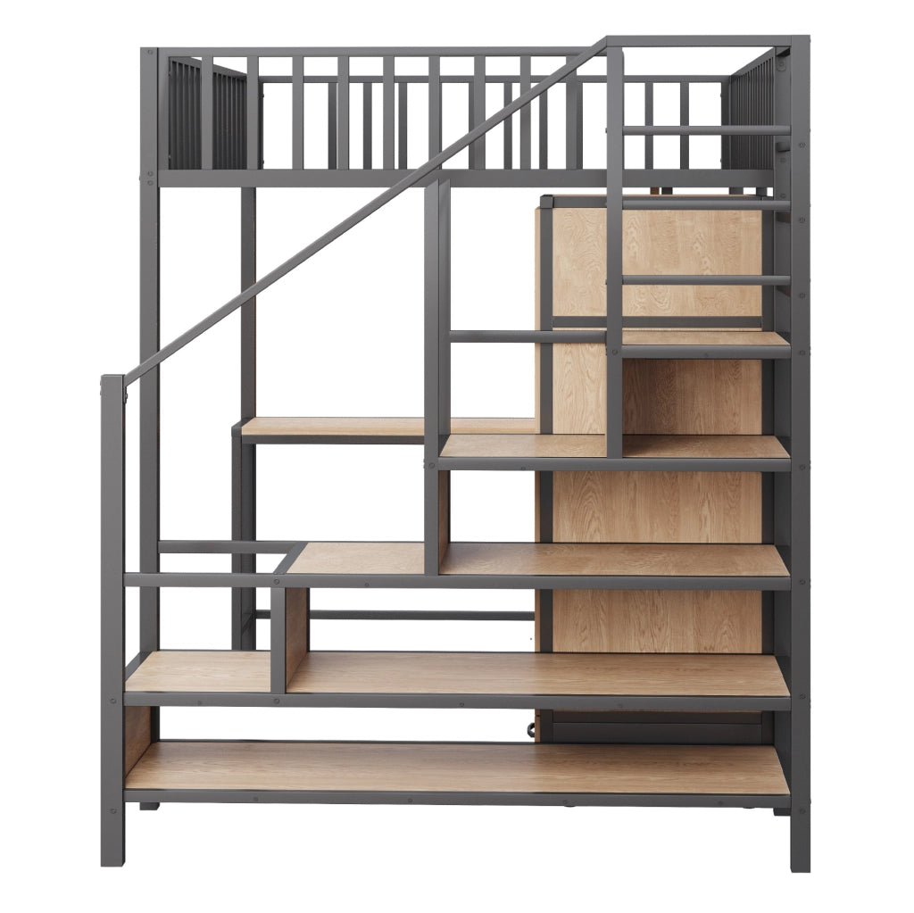 Letto a soppalco 140x200 cm nero in metallo con scrivania, armadio e LED