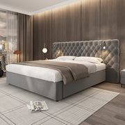 OKWISH Letto Contenitore 160×200 cm, Letto Matrimoniale con Sollevamento Idraulico, LED Regolabile, Lampada da Lettura e Testiera Ampia, senza Materasso, in Velluto, Grigio