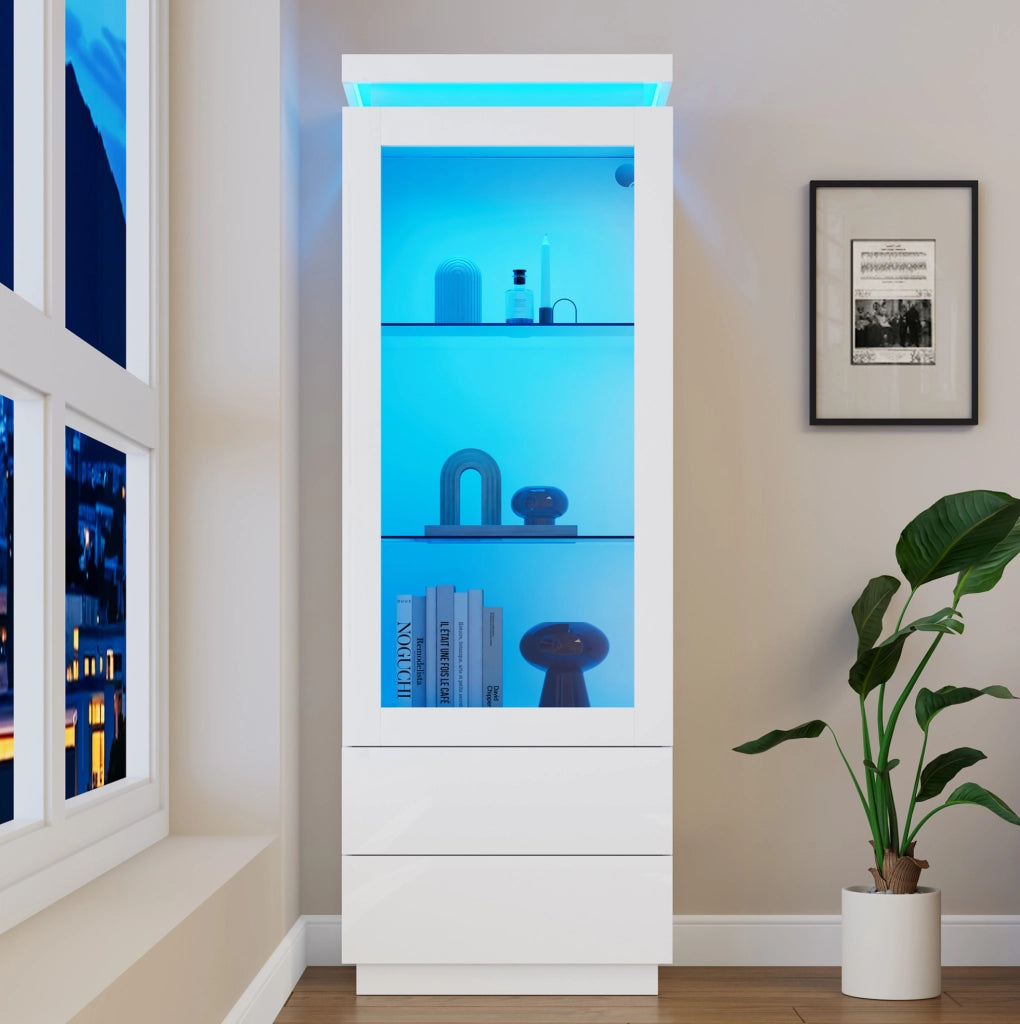 Vetrina alta bianca lucida con LED, 2 cassetti e anta trasparente, 60×40×171 cm