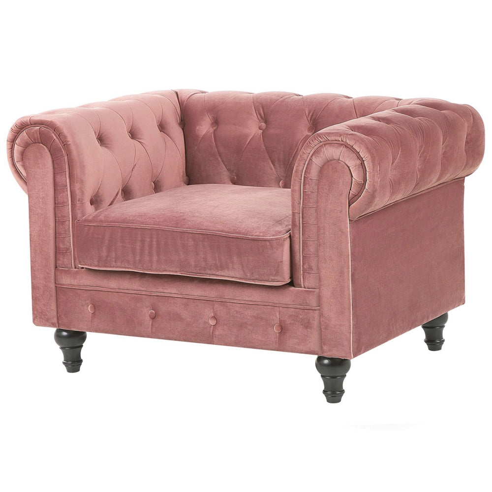Set da soggiorno Chesterfield con rivestimento in velluto rosa e gambe nere divano a 3 posti + poltrona