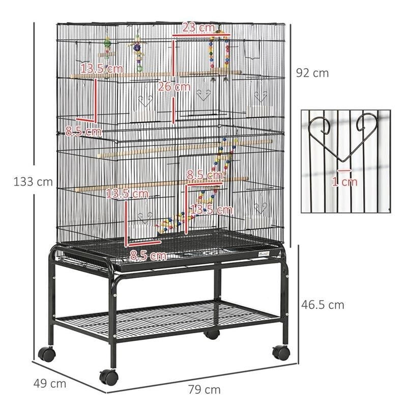 GABBIA PER UCCELLI IN ACCIAIO CON POSATOI, GIOCHI, CONTENITORI PER CIBO E VASSOIO, 79X49X133 CM, NERO