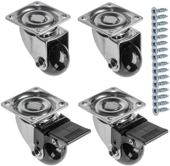 Set di ruote per mobili GTV - BRAZILIË, 4 ruote comprensive di 2 con freno e 2 senza freno, realizzate in acciaio e gomma, +16 viti a cono 4x16, diametro: 35 mm, colore: nero