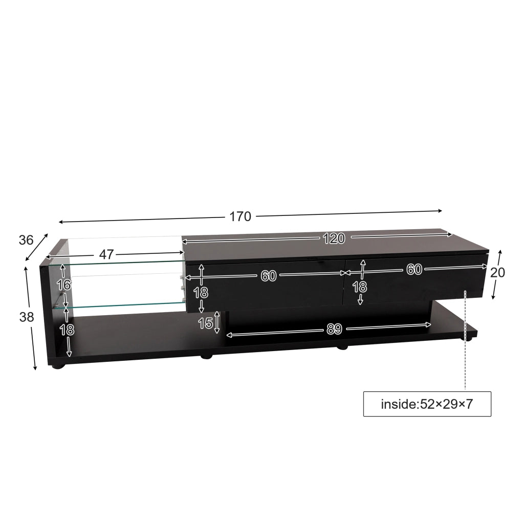 Mobile TV con 2 Cassetti e 2 Ripiani in Vetro con LED controllato da App; in Truciolare; Nero; 170×36×38 cm