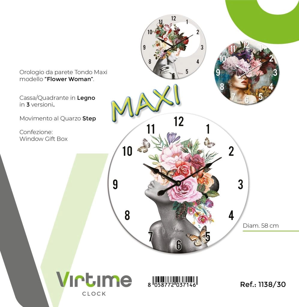 1 Pezzo Orologio da Parete in Legno Maxi Flower Woman 58 cm 3 Decori