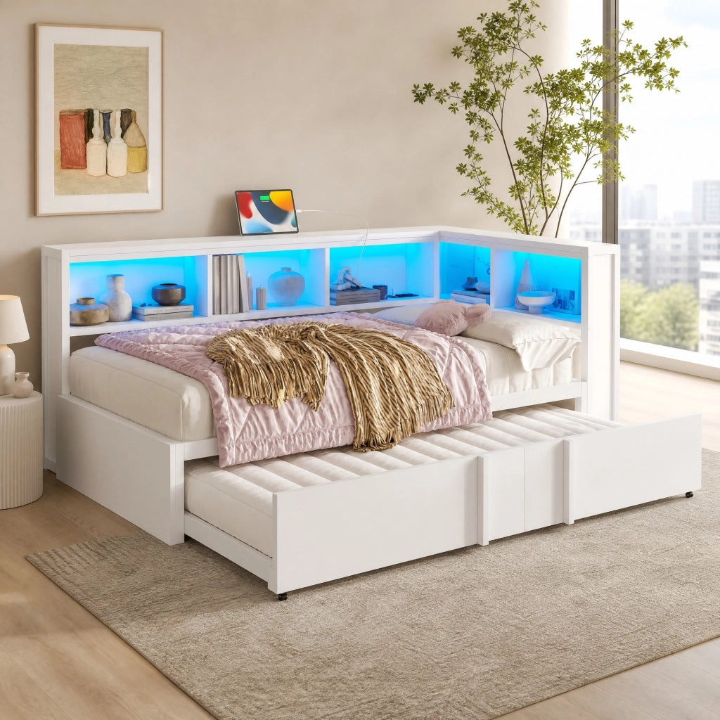 LETTO Divano 90x200 cm con letto estraibile, 5 armadietti, LED, USB, Bianco