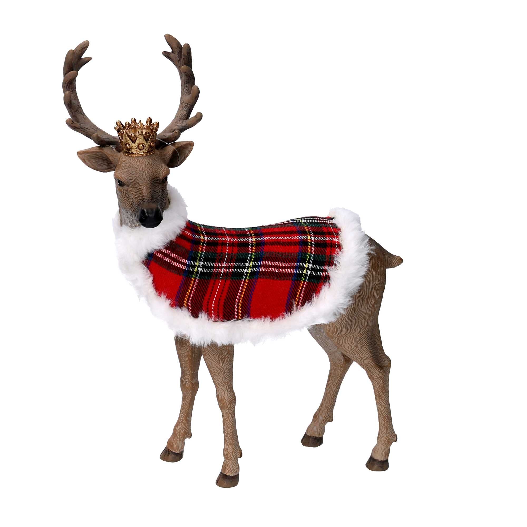 Renna resina con mantello scozzese e corona naturale cm 25,8x12,1xh34,8