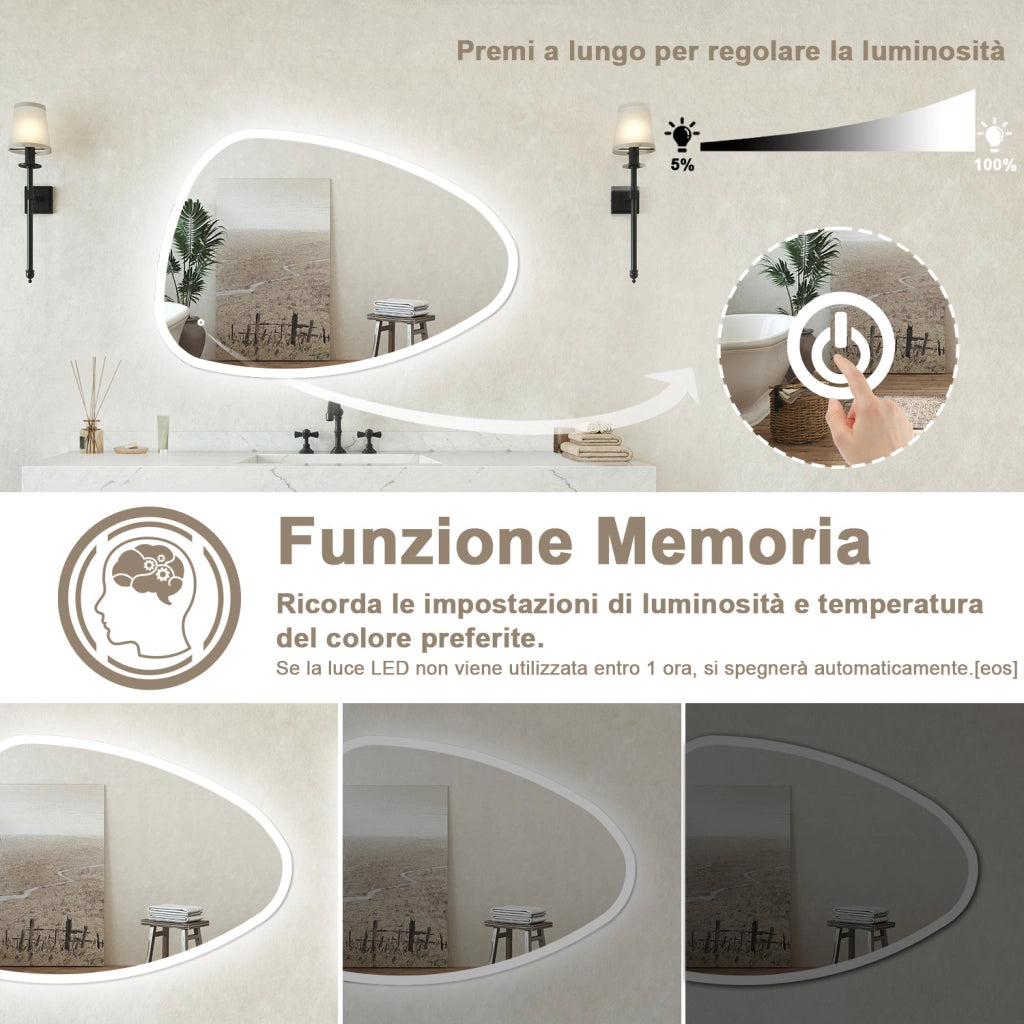 Specchio bagno Asimmetrico 80x55cm Retroilluminato Con Led, Antiappannamento + 3 Luci + Antiappannamento