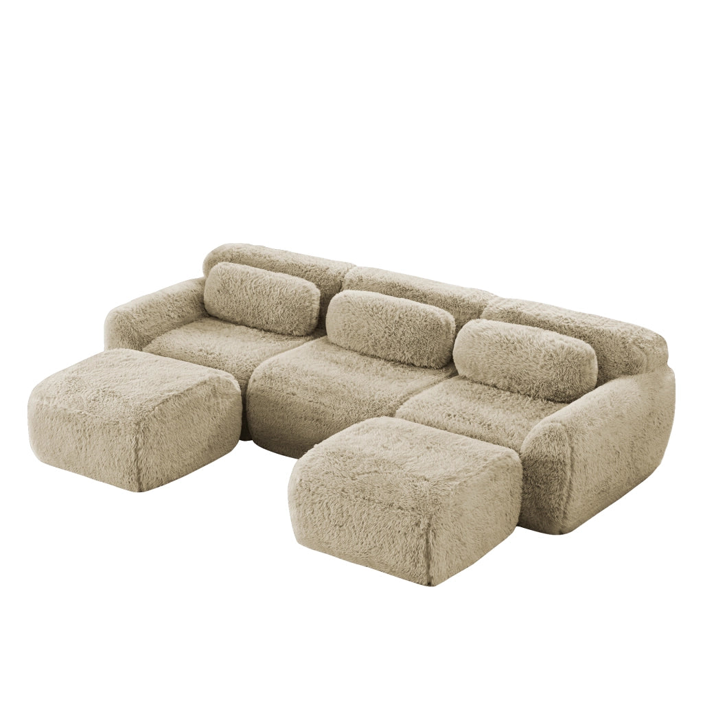 Divano Modulare a U con Design Ergonomico Base Antiscivolo e Cuscini in Peluche Cachi Chiaro