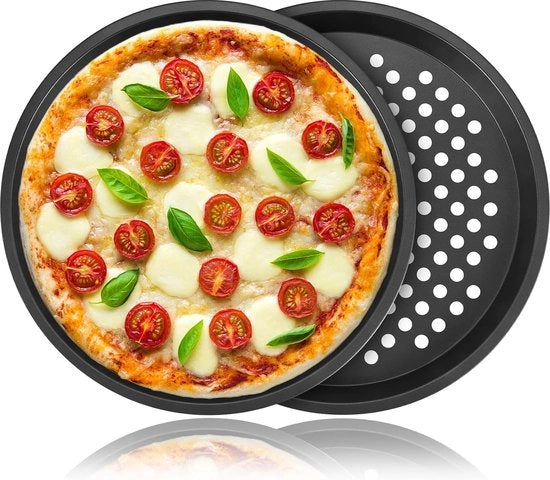 Due pezzi di piastra per pizza in acciaio inossidabile, con rivestimento antiaderente, tavola di servizio per piastra per pizza con fori, 12 pezzi