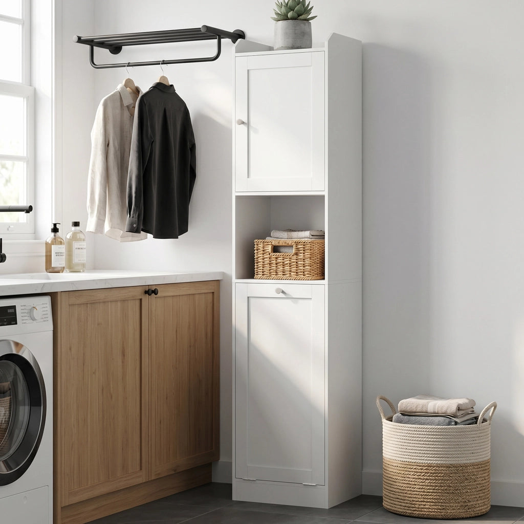 Mobile Bagno Alto con Cesto a Ribalta e Mensole, 40x30x170 cm, Bianco