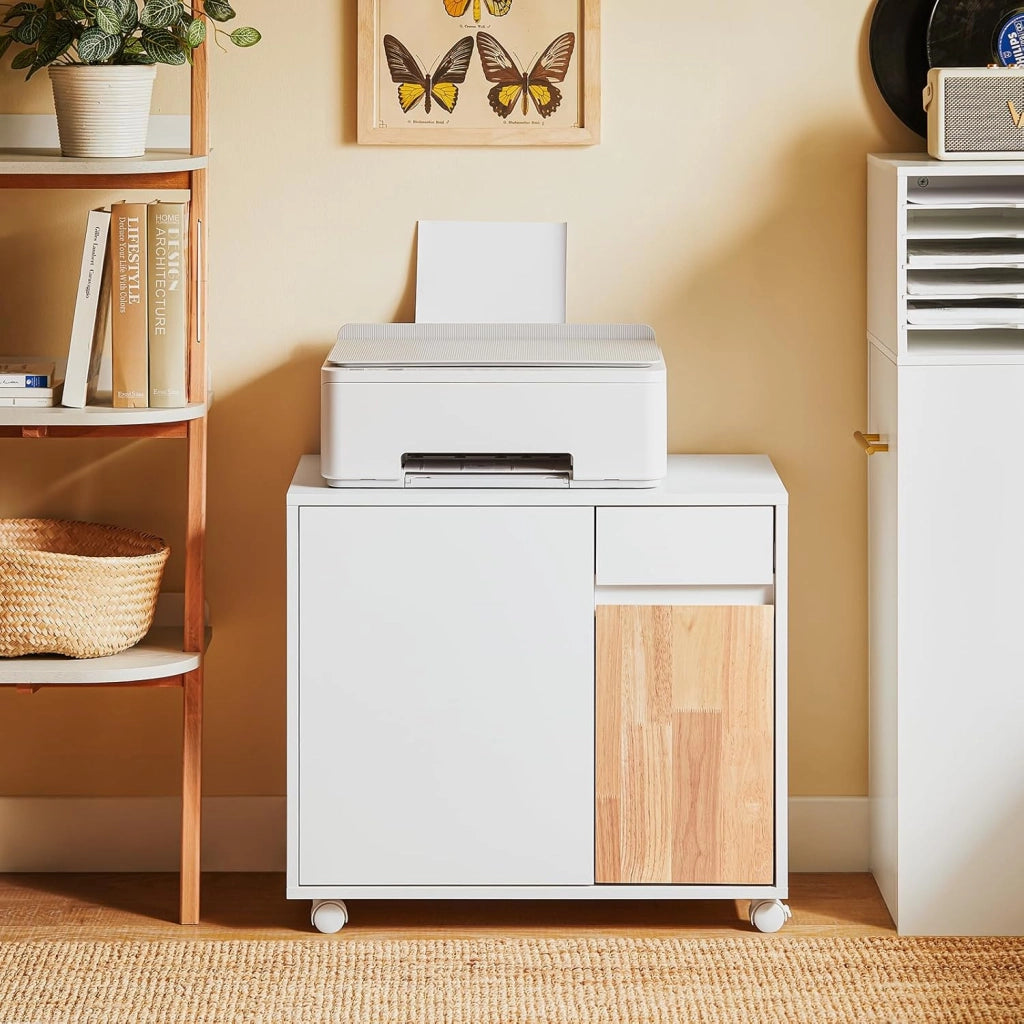 Carrello da ufficio Carrello Portaoggetti con Cassetto Tavolino stampante Bianco-Naturale 65x35x58cm ASK04-WN