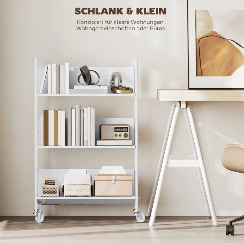 Libreria bianca 69x26x108 cm a 3 ripiani con ruote, struttura in metallo,