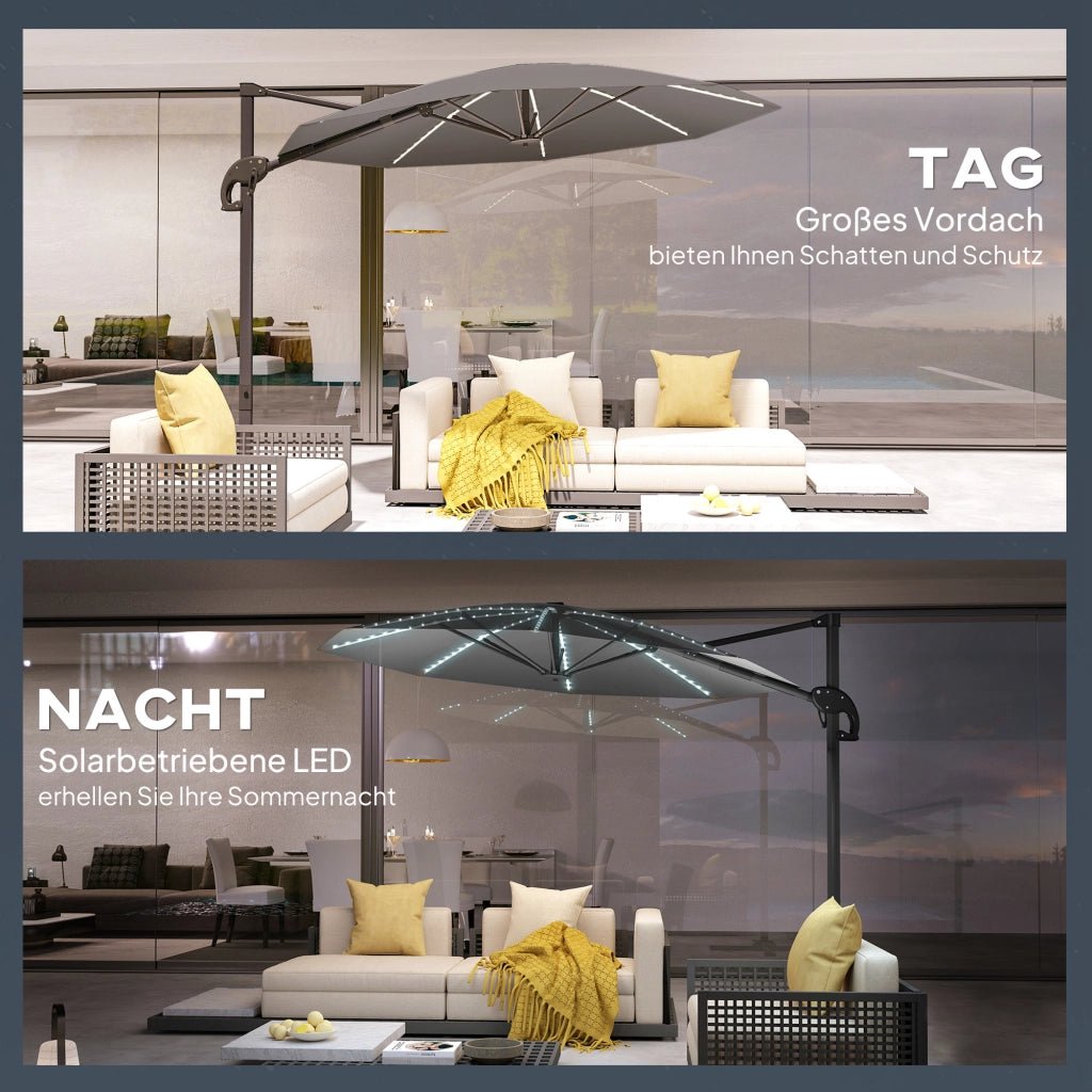 Parasole a sbalzo LED Solar ?300 cm Altezza Parasole regolabile con piepiedi UV50+ Grigio scuro