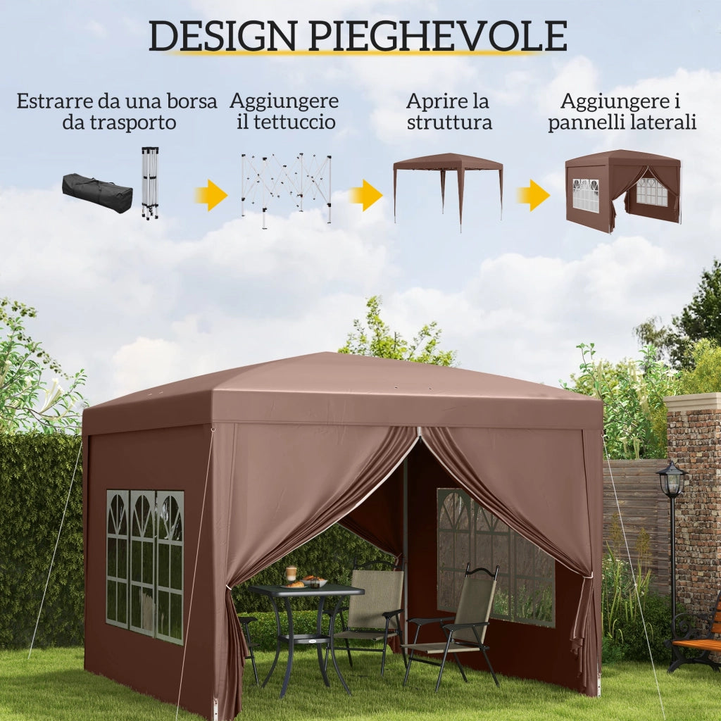 Gazebo da Giardino 3x3 m Pieghevole con 4 Pannelli Laterali in Acciaio e Tessuto Oxford Caffè