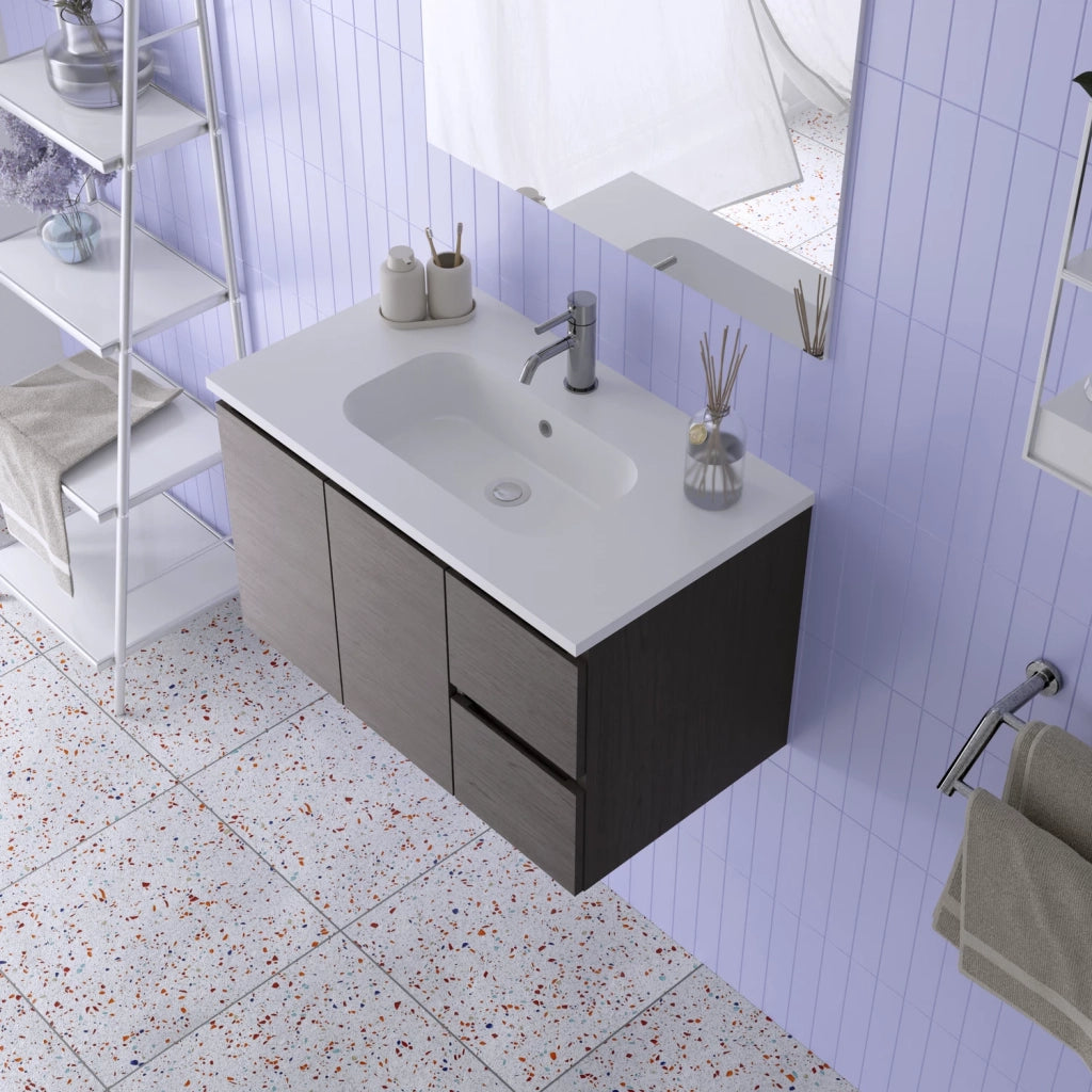 Mobile da bagno sospeso 80cm rovere scuro con lavabo e specchio | Rata