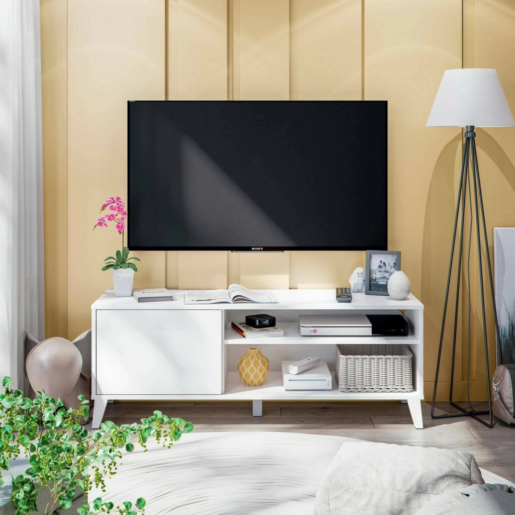 Mobile porta TV Viring, Credenza da soggiorno, Armadio basso per TV, Base parete attrezzata, 135x40 h50 cm, Bianco