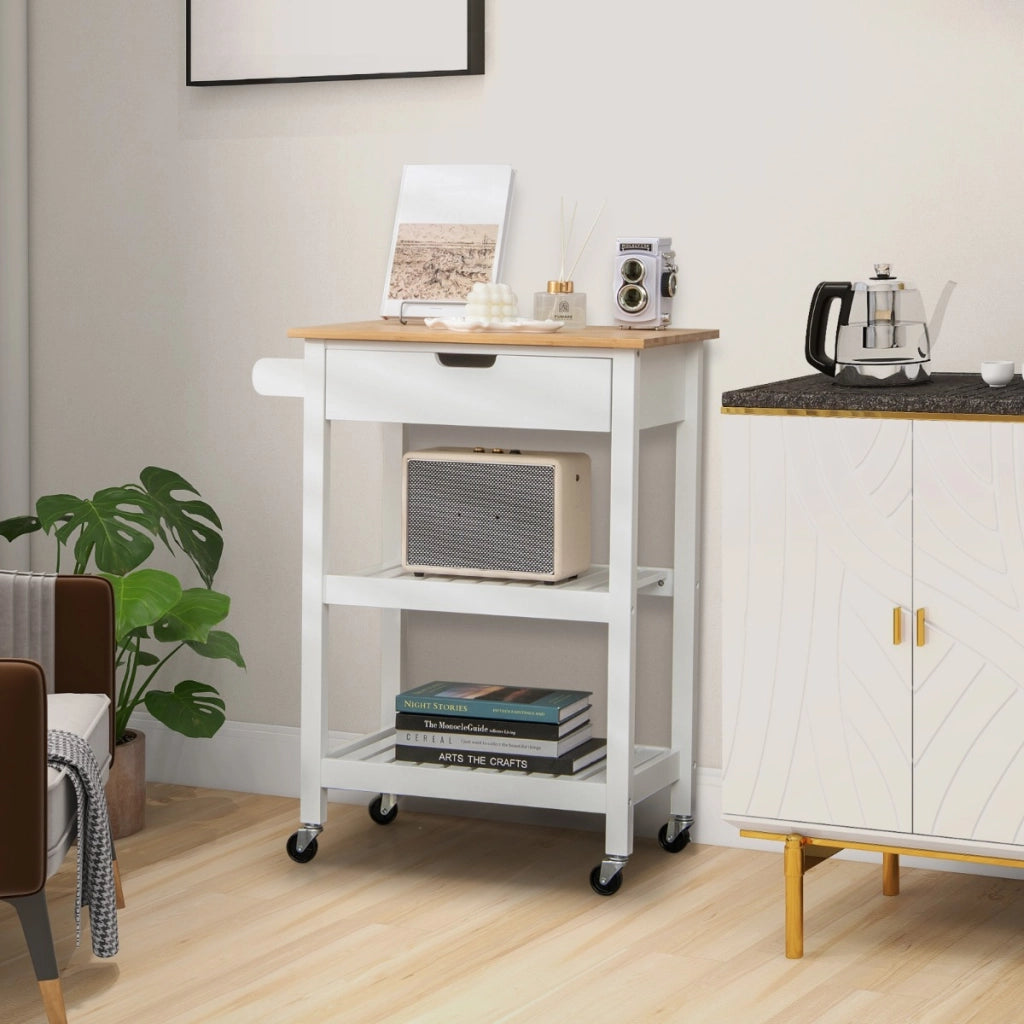 Carrello cucina con ruote cassetto piano in bamb¨´, Isola portaoggetti da bar cucina sala da pranzo Bianco-Carrelli