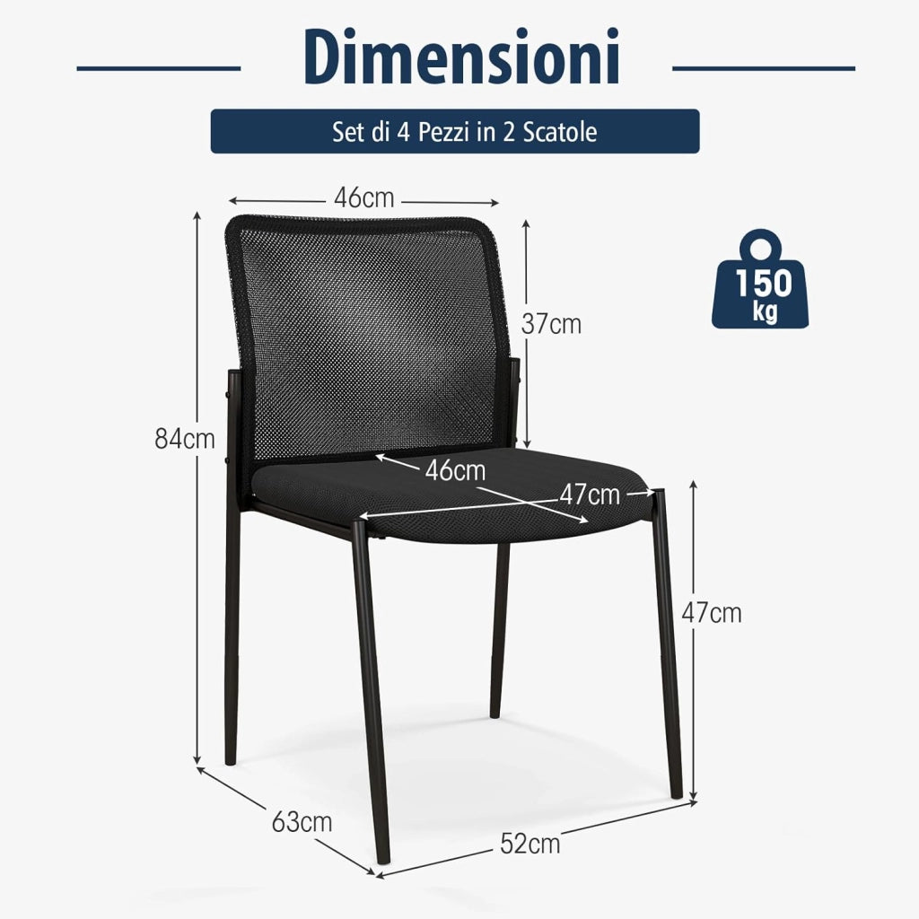 Set di 2 Sedie da Conferenza, Sedia da Ufficio con Schienale Ergonomico in Rete, Seduta Imbottita, Sedie per Sala d'Attesa, Ufficio, Portata 150 kg, 63 x 52 x 84 cm
