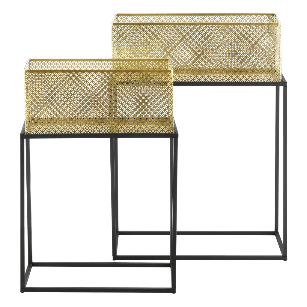 Set di 2 Portavasi in Metallo di Forma Rettangolare Supporto Nero per Piante con Coprivaso in Color Ottone in 2 Misure Diverse