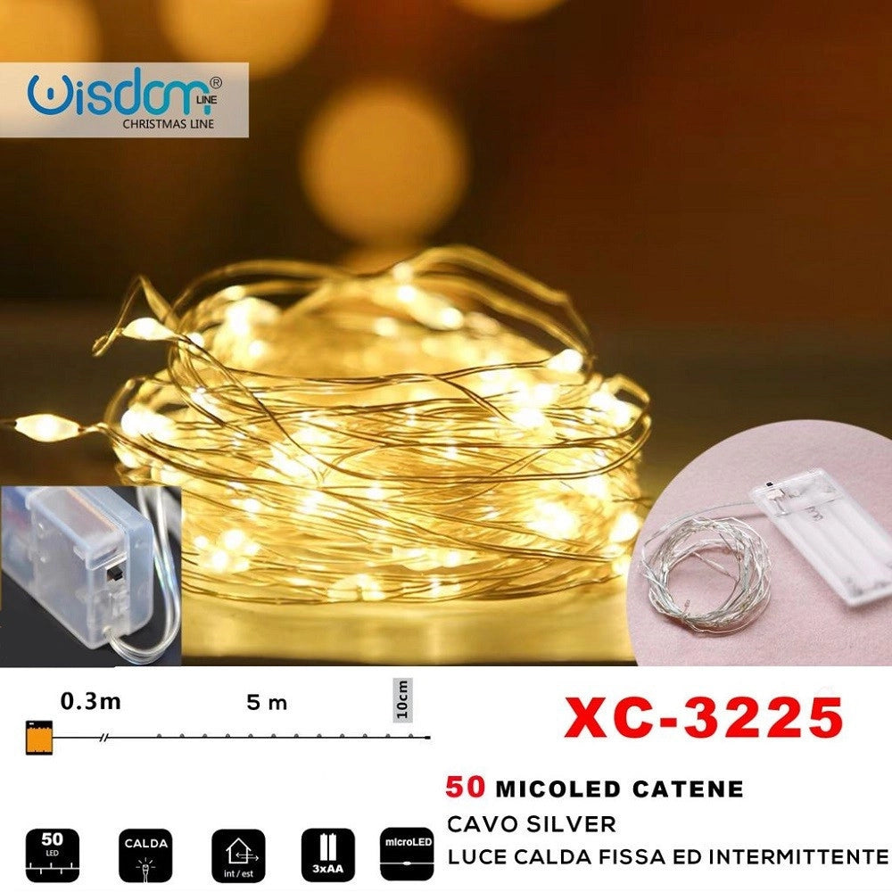 Trade Shop - Catena 50 Microled A Batteria Cavo Silver Luce Calda Fissa+intermittente Xc-3225 -