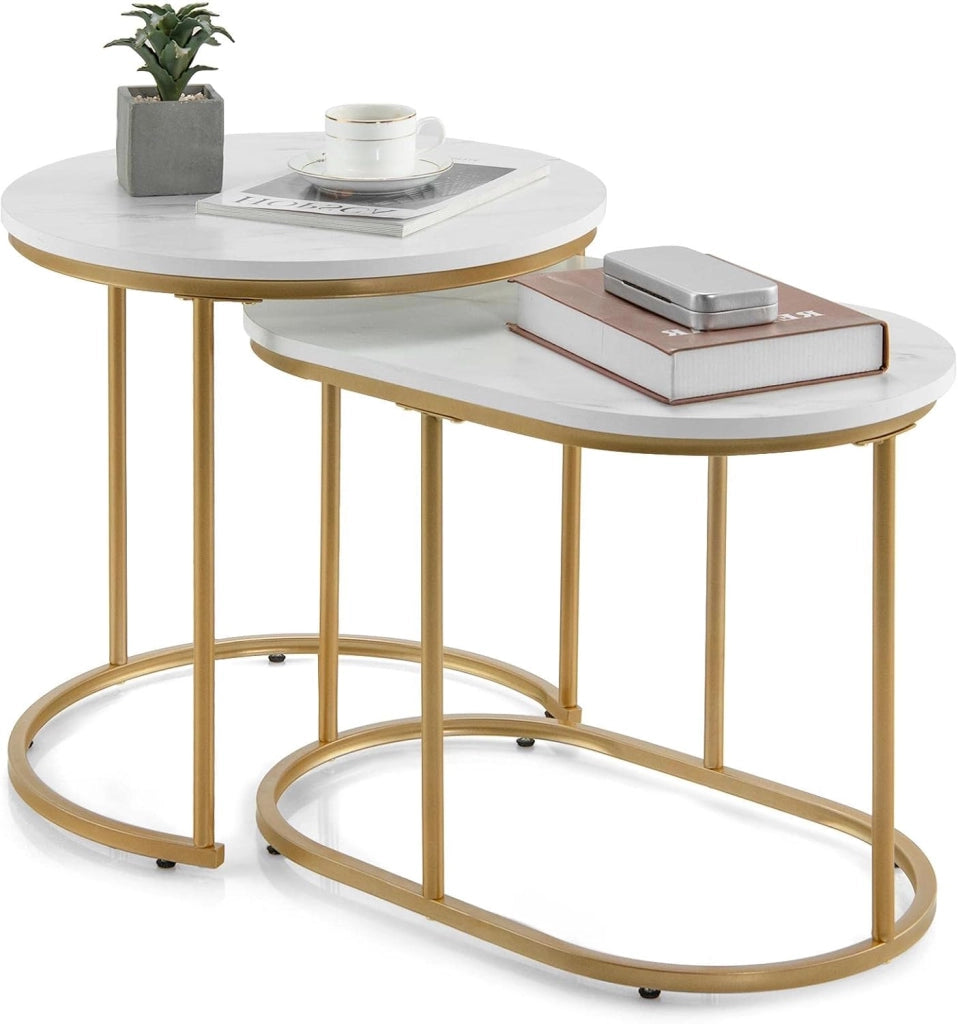 Set di 2 Tavolini da Salotto in Marmorizzato Oro, Tavolino da Divano, Tavolino da Caffè dal Design Moderno, Comodino, Telaio in Metallo Dorato