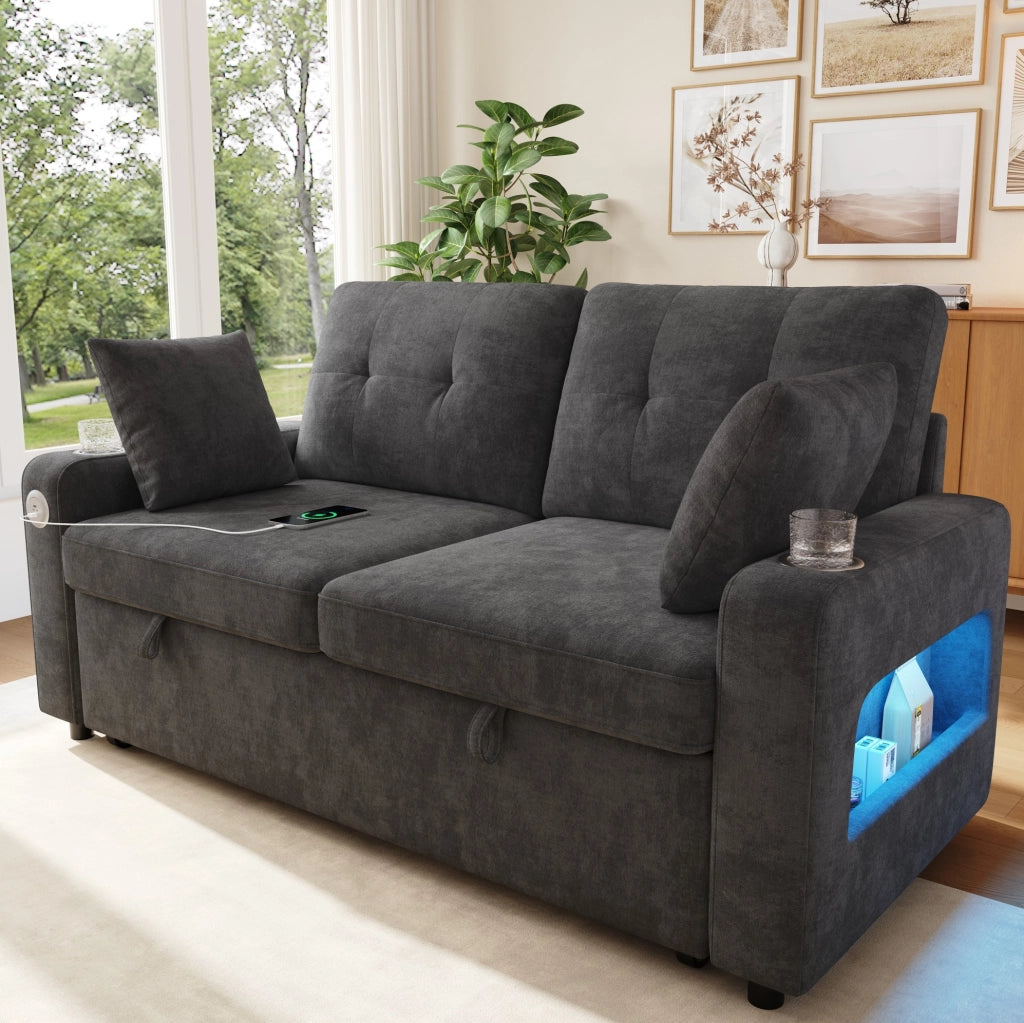 Divano letto estraibile 2 posti con LED; USB e Type-C; portabevande; ciniglia grigio