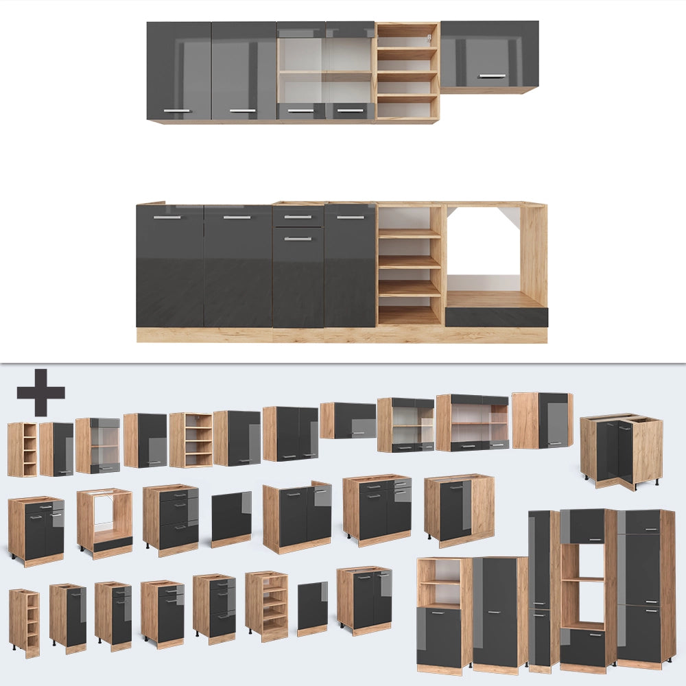 Cucina componibile R-Line Antracite lucido/Rovere dorato 240 cm, PL Rovere Vicco