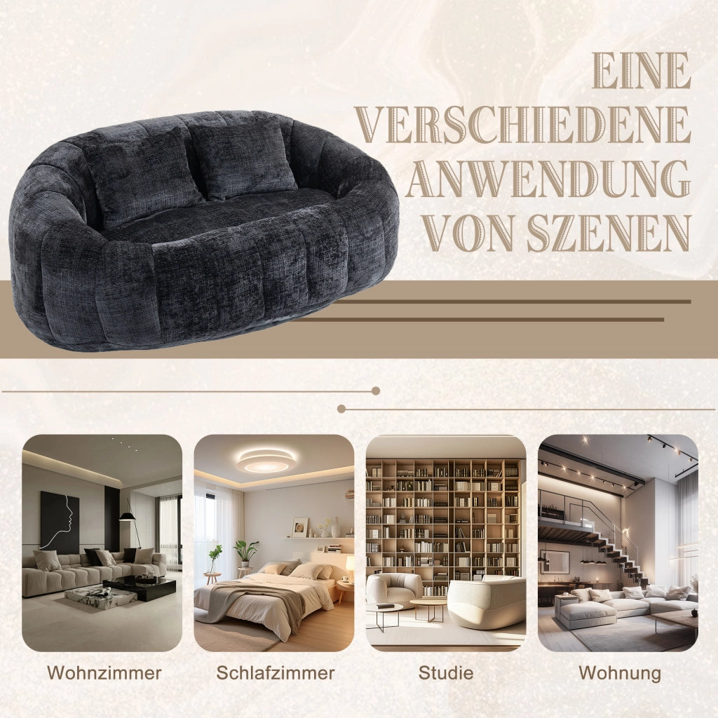 Divano Pouf 2 Posti con Braccioli e Schienale Alto; Poltrona Gaming da Pavimento in Memory Foam Confort; in Ciniglia Nero