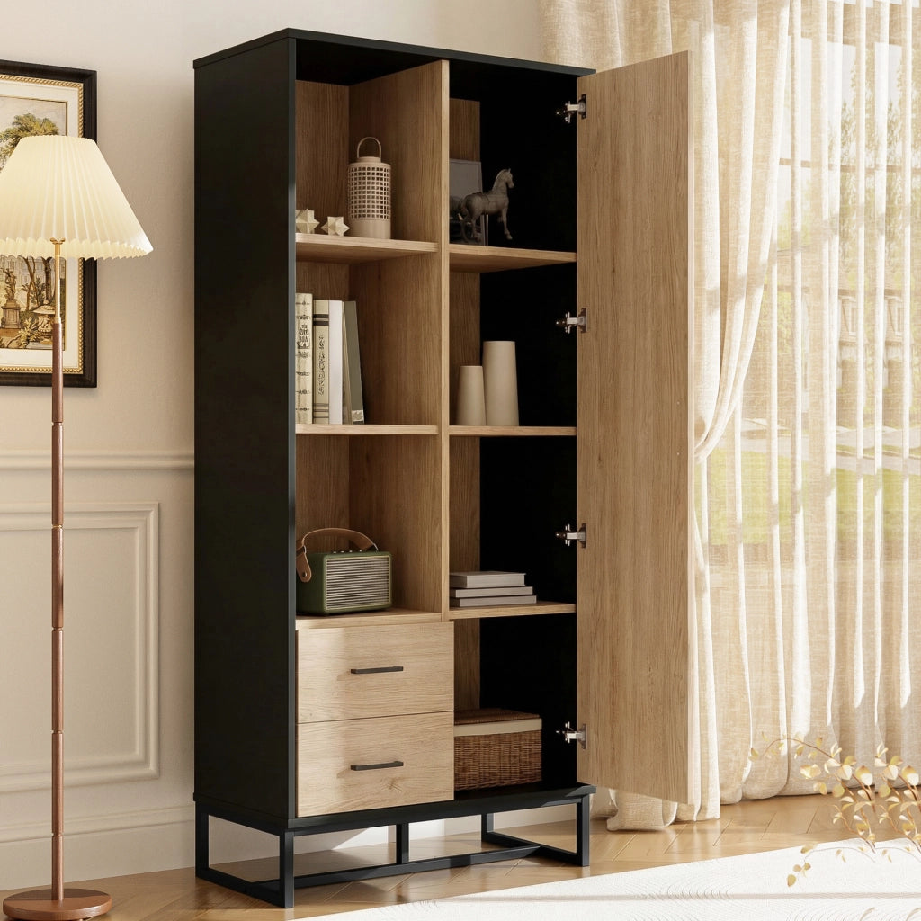 Armadio contenitore con 1 anta 2 cassetti e 3 vani aperti, per soggiorno ufficio e ingresso, 80 × 40 × 180 cm