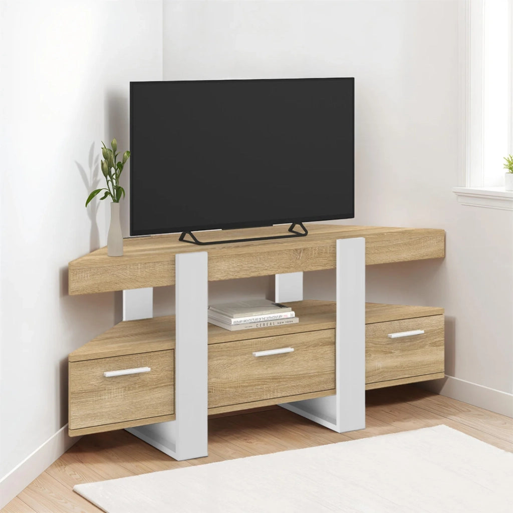 IDMarket - Mobile TV angolare PHOENIX 110 cm con cassetto in legno e bianco