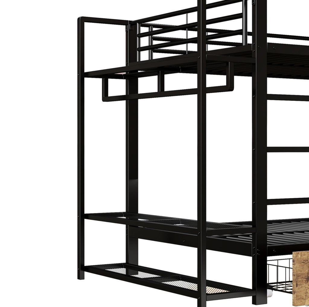 Letto a castello 140 x 200 cm nero in metallo e MDF con LED, cassetti e ripiani