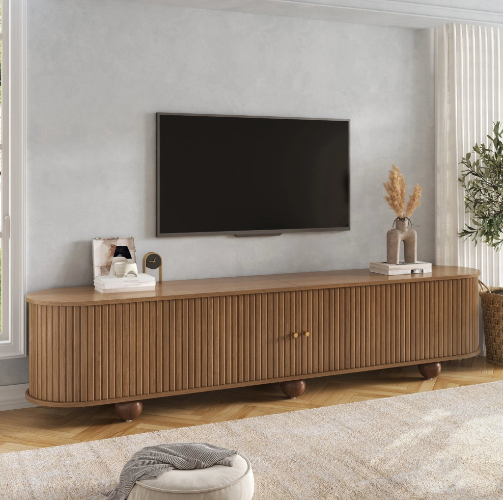 Mobile TV basso con ante scorrevoli a rilievo verticale 180x35x45 cm in MDF noce