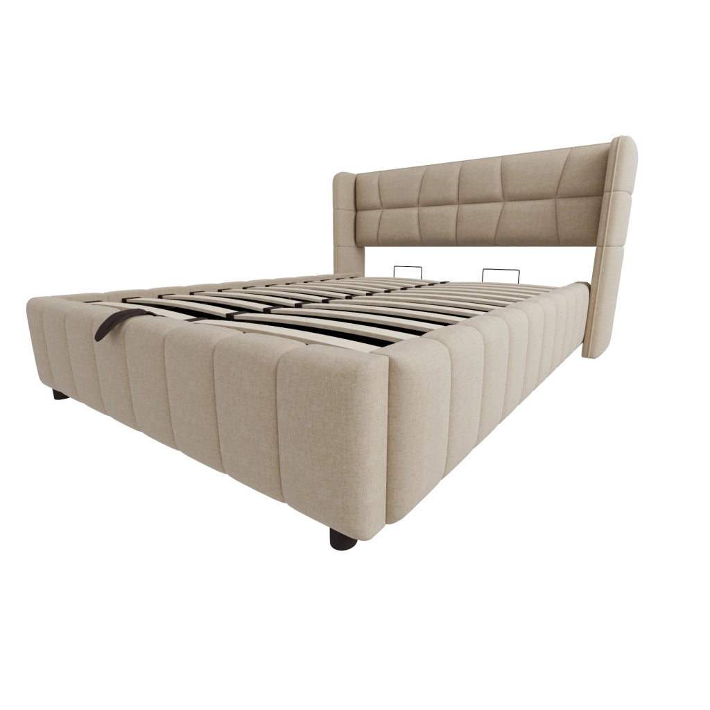 Letto imbottito con contenitore pneumatico 140x200 cm in tessuto beige