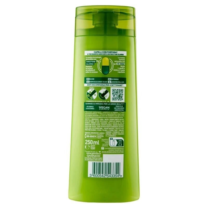 GARNIER FRUCTIS SHAMPOO 250 ML ANTI FORFORA PER 4 SETTIMANE 2IN1 LENITIVO CAPELLI NORMALI TE' VERDE
