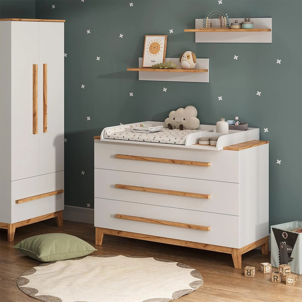 Fasciatoio Malia, Bianco/Artisan, 133.2 x 98 cm con 3 cassetti, con fasciatoio rimovibile per l'utilizzo come cassettiera