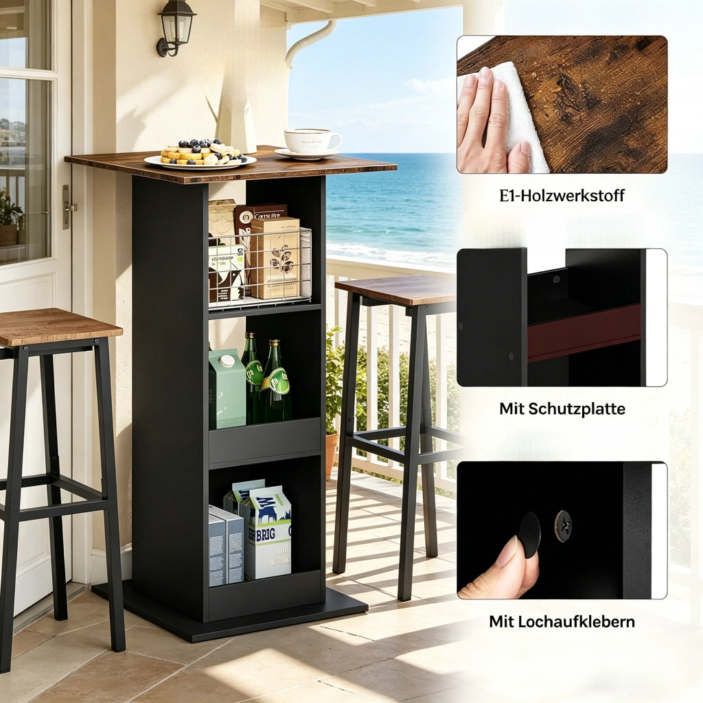 Tavolo bar quadrato con 3 vani aperti, mobile contenitore 2 in 1 per cucina e soggiorno, nero, 60 × 60 × 109 cm