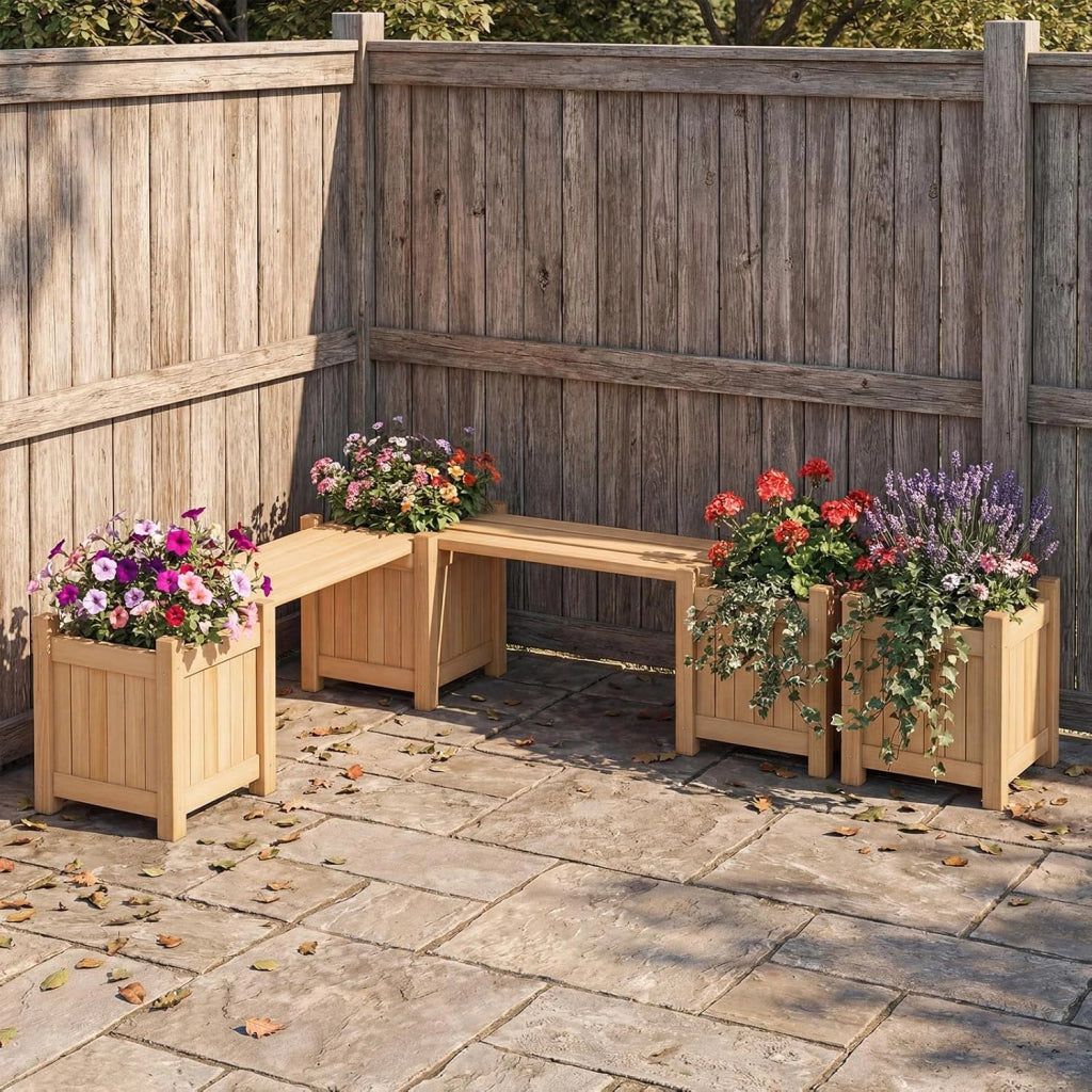 Fioriere da Esterno con Panchina, Letto Rialzato da Giardino in Legno Massello con e Base Aperta, Fioriere Elevate per Patio, Cortile e Veranda (Naturale, 105 x 26,5 x 29,5 cm)