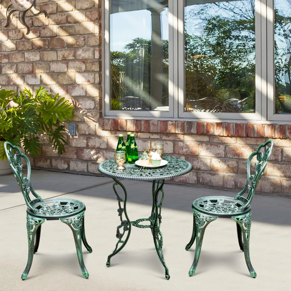 Set 3 pezzi da esterno in ghisa e alluminio, Tavolo con foro per ombrellone e 2 sedie da giardino Verde scuro-Set mobili da esterno