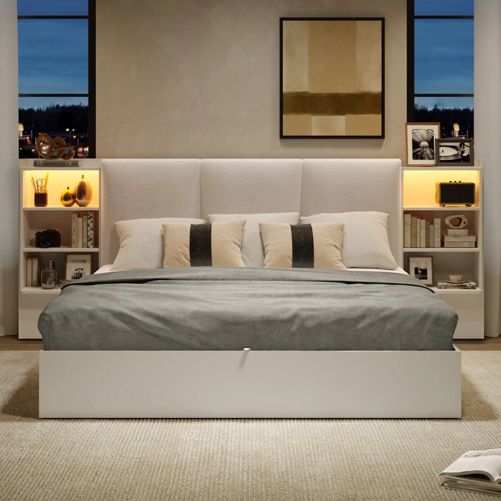 Letto Contenitore 180 x 200 cm - 6 Vani; LED Regolabile e Testiera Imbottita - Bianco