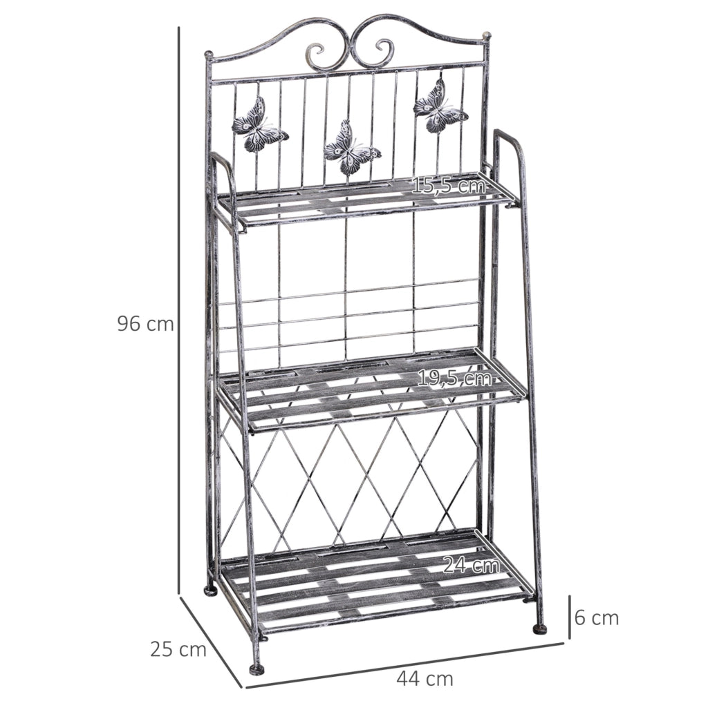 Scaletta portapiante in metallo 44x25x96 cm grigio argento, 3 ripiani, pieghevole