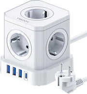Distributore di Corrente 9 in 1 con Interruttore 5 Prese 3 Porte USB-A e 1 Porta USB-C Protezione da Soprasfondamento - Bianco