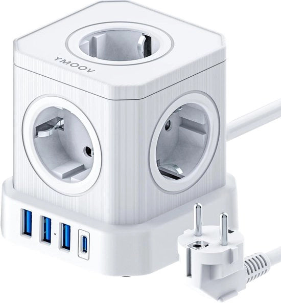 Distributore di Corrente 9 in 1 con Interruttore 5 Prese 3 Porte USB-A e 1 Porta USB-C Protezione da Soprasfondamento - Bianco