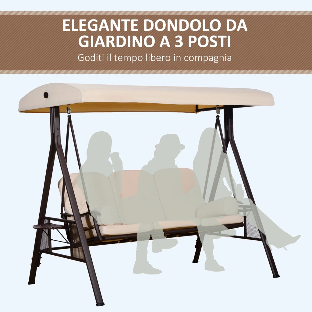 Dondolo da Giardino 3 Posti 208x121x172 cm Tetto Regolabile, Portabicchieri e Cuscini Beige