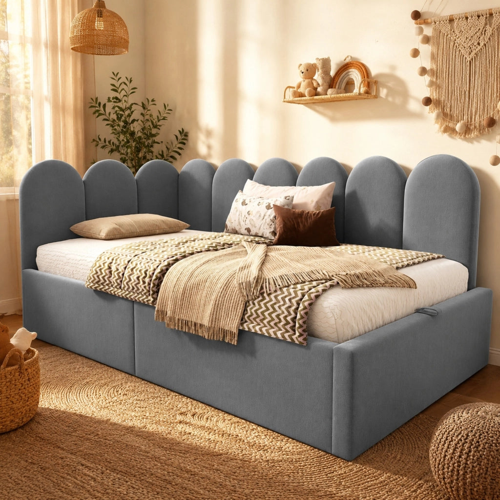 Letto giorno 90x190 cm in velluto grigio con spazio contenitore, rete a doghe metalliche e design a grata
