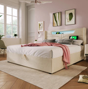 Letto 160x200 cm con contenitore; LED e USB in lino beige