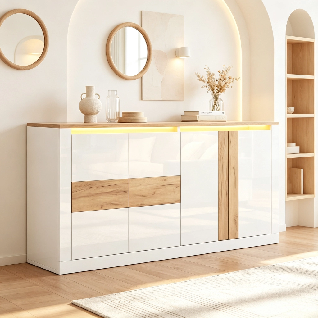Credenza e madia con 4 ante, ripiani regolabili e LED RGB, per soggiorno e ingresso, in MDF, bianco, 140 × 35 × 70 cm