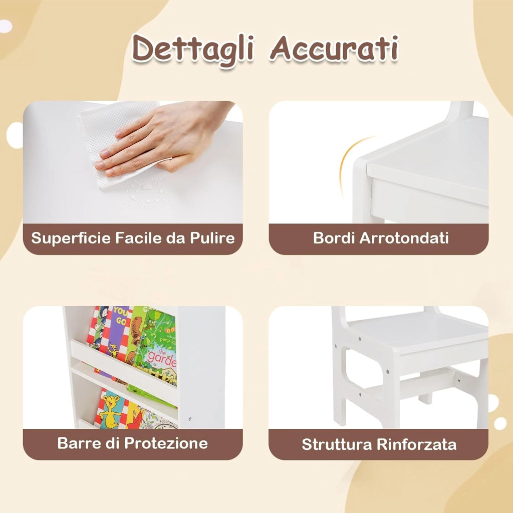 Set Tavolo e Sedia per Bambini 3+ con Porta Rotolo Carta Rimovibile | Scrivania Multifunzionale per Bambini con Mobile Cubo, Ripiani Laterali e Cassetto, Ideale per Lettura e Disegno