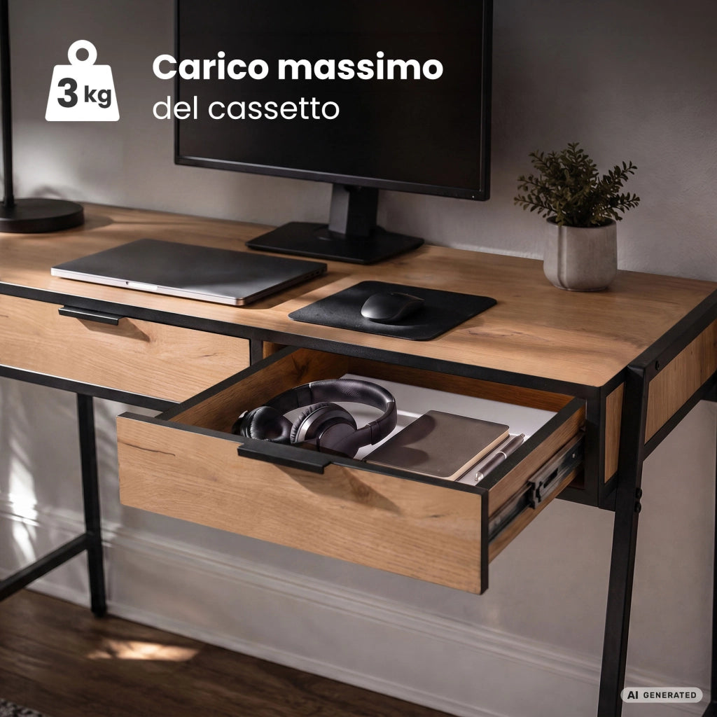 Scrivania industriale per computer Rovere Craft ZENTIA 100 cm 2 cassetti gambe nere