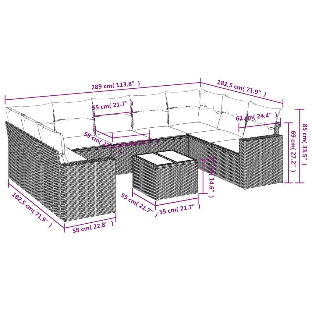 Set Divano Giardino 10 pz con Cuscini Grigio Chiaro Polyrattan 3219402
