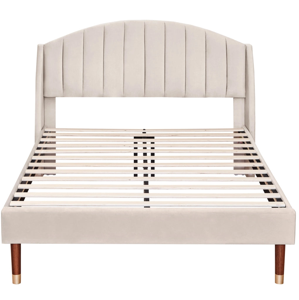 Letto imbottito 140x200 cm con rete a doghe e testiera in velluto beige